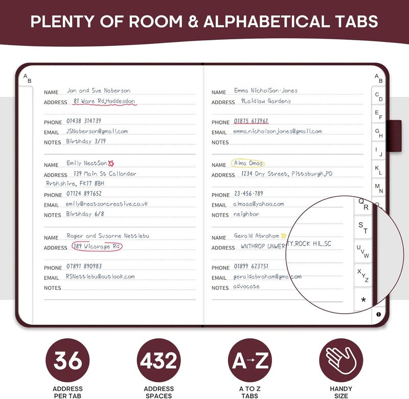 Taja Address Book with Alphabetical Tabs, Hardcover Address Books Large Print for Record Contacts, Small Address Book to Store All Your Important Informations in One Place - Burgundy - Image 3